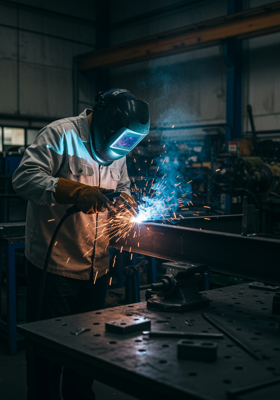 "Taller de soldadura MIG con un soldador blanco en equipo de protección, generando chispas sobre una viga metálica bajo iluminación industrial."