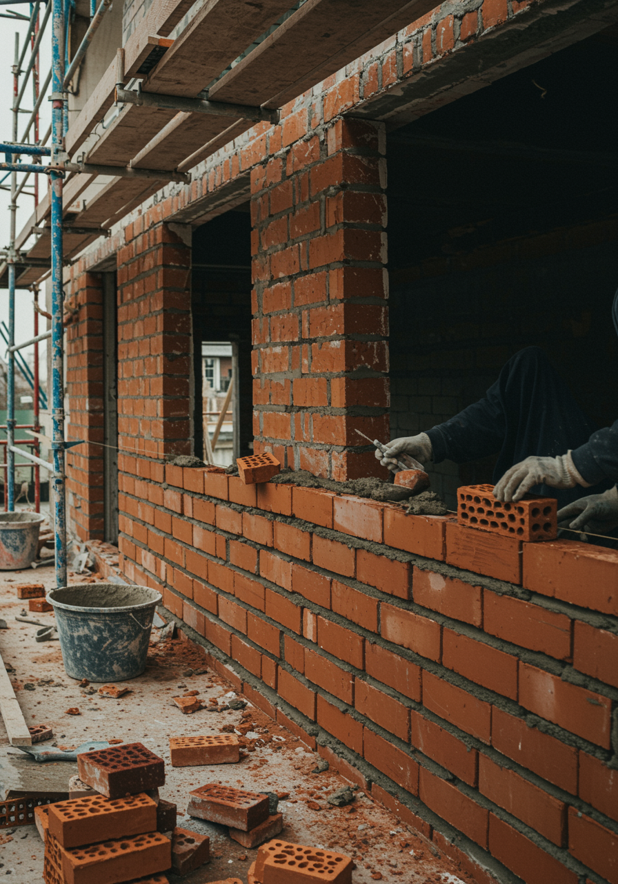 imagen13 "Foto en alta definición de un albañil construyendo una pared con ladrillos de arcilla roja y mortero fresco, en un entorno de renovación con andamios y aberturas de ventanas."
