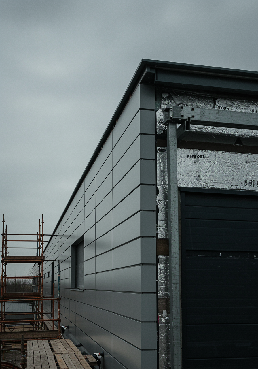 imagen15 "Instalación de revestimiento y techado ligero en un edificio comercial con paneles de aluminio y láminas aislantes, mostrando detalles de metal y sellos de goma."