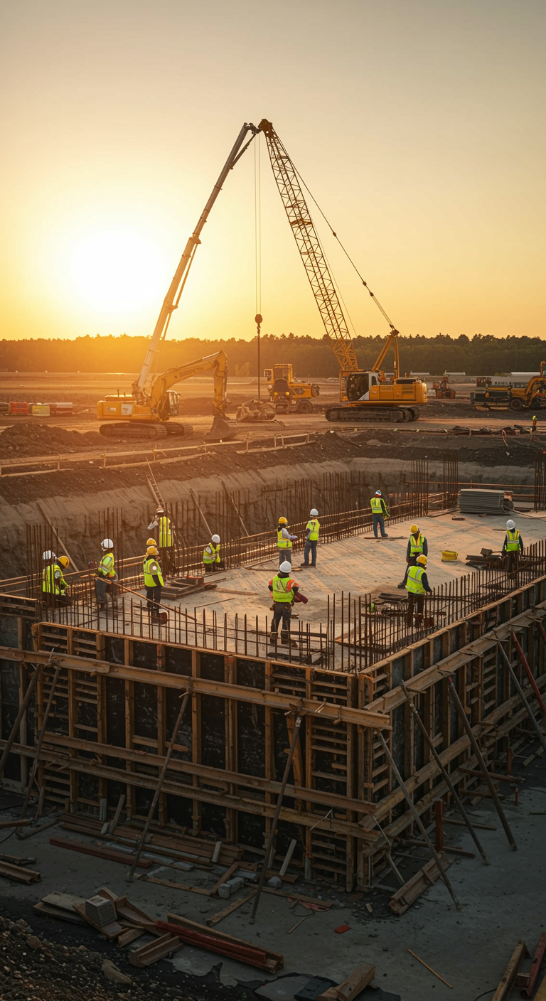 imagen17 "Fotografía panorámica de un sitio de construcción durante la hora dorada, mostrando a trabajadores en cascos coordinando excavación, montaje de acero y encofrado con maquinaria pesada activa."