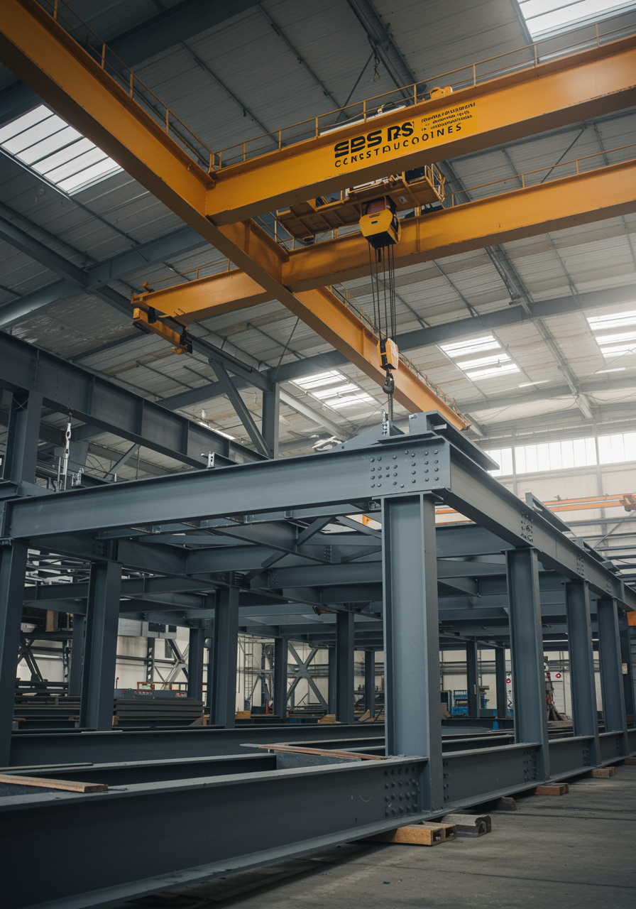 imagen18 "Renderizado 3D de una estructura industrial de acero con columnas y vigas, destacando la calidad de RDS Construcciones en ensamblajes metálicos."