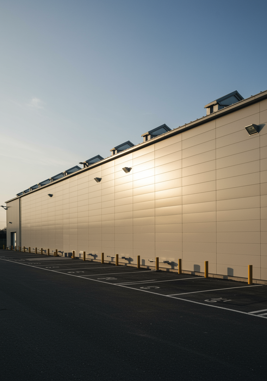 imagen19 "Fotografía profesional de un proyecto de cerramiento y techado ligero en un salón industrial, con paneles aislantes en tonos neutros, lucernarios en el techo y un patio de carga pavimentado."
