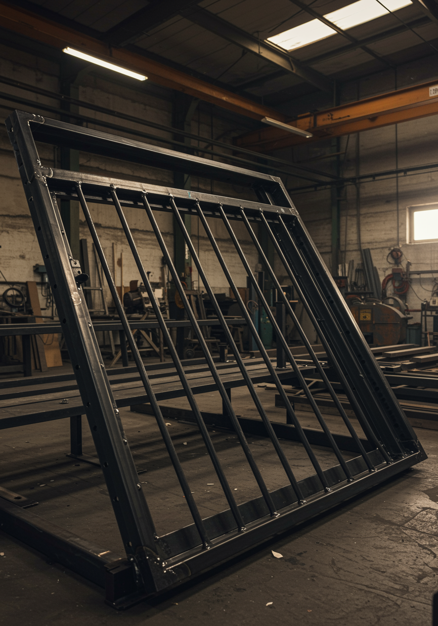 imagen20 "Visualización 3D de carpintería metálica personalizada en taller industrial, destacando marcos de puertas de acero, rejas de ventanas y barandillas con acabados de soldadura precisos y pintura en polvo."