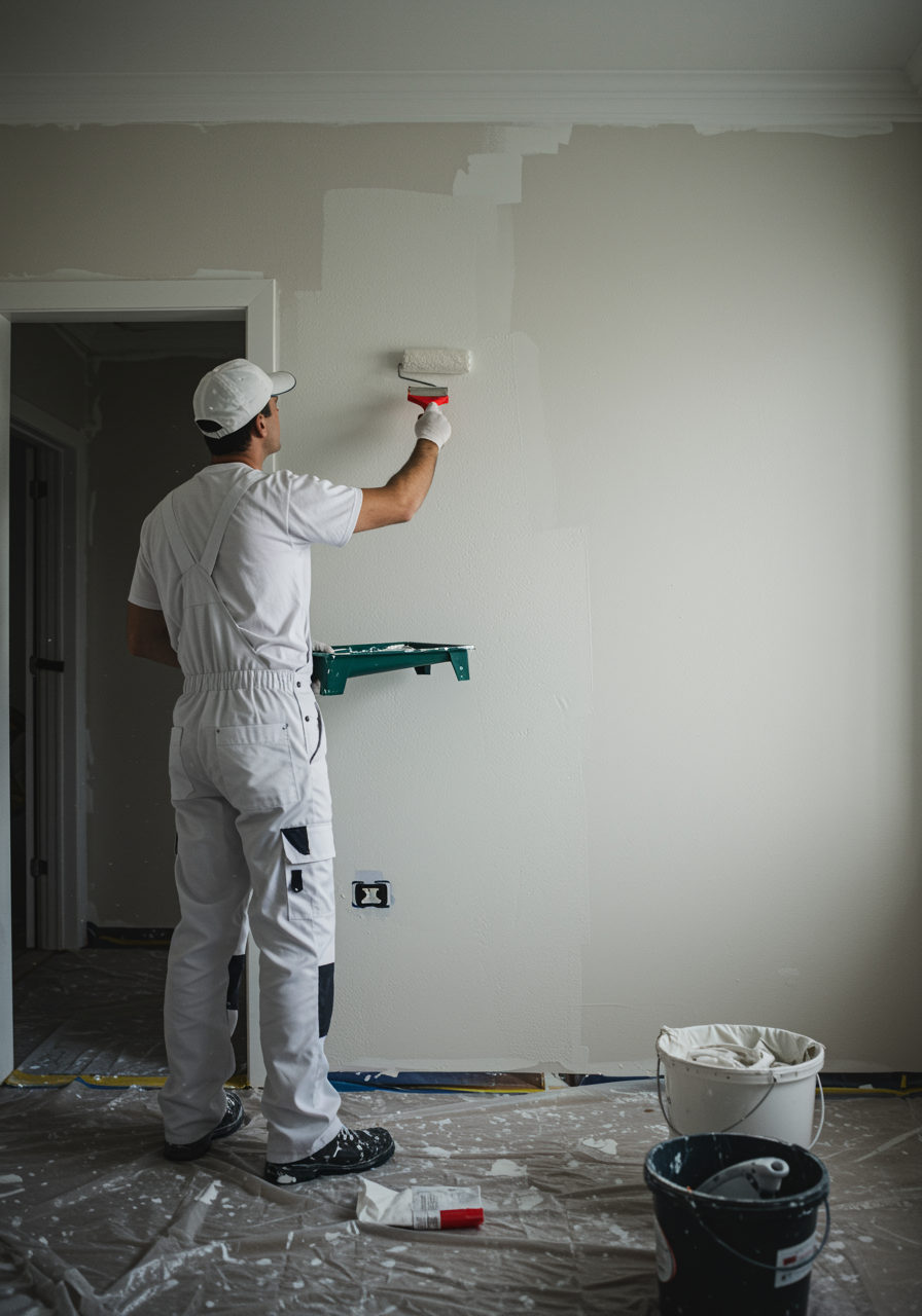 imagen23 "Pintor profesional aplicando un acabado blanco suave en una pared texturizada, destacando la calidad de los recubrimientos y acabados en interiores."