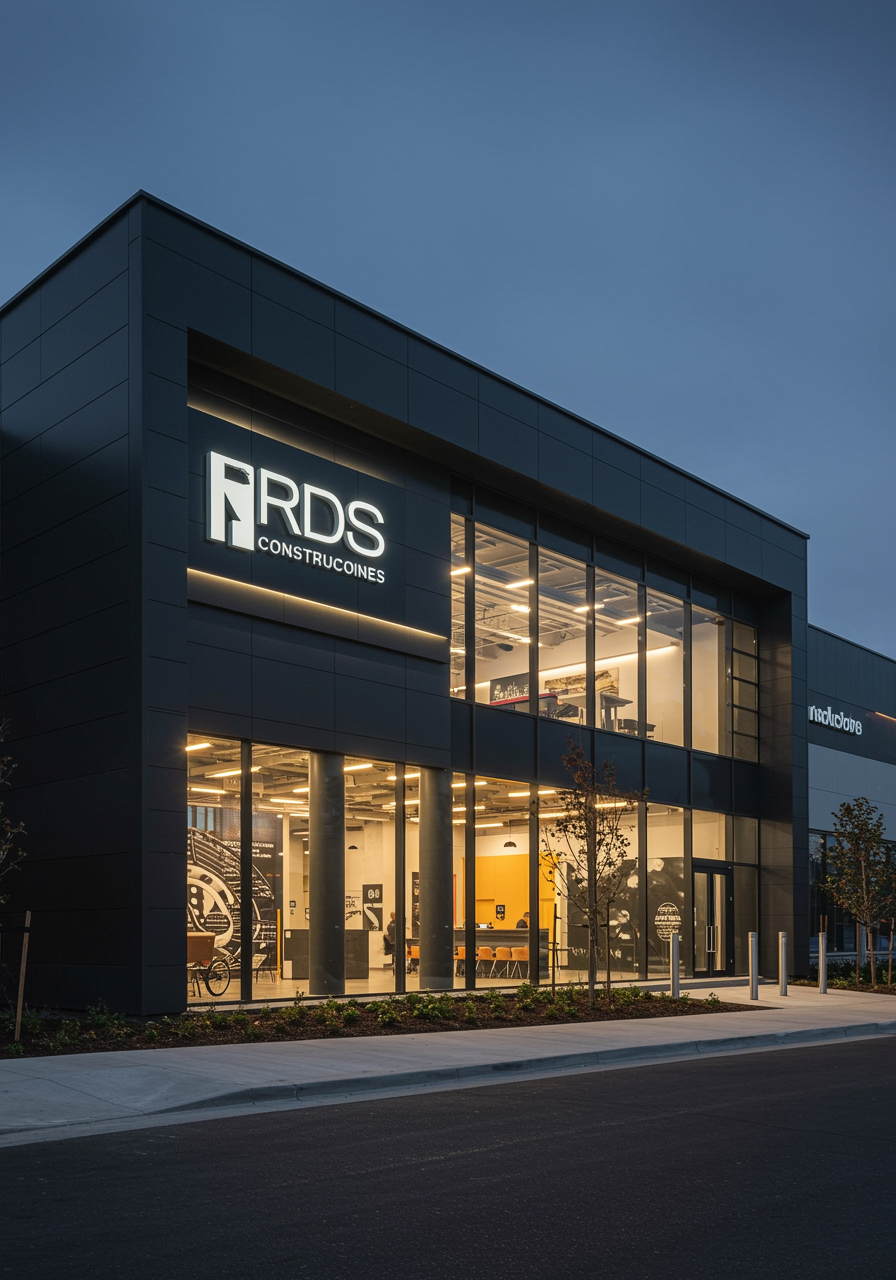 "Fachada comercial moderna al atardecer con paneles de vidrio y revestimiento metálico gris carbón, iluminada desde el interior, proyecto destacado de RDS Construcciones."
