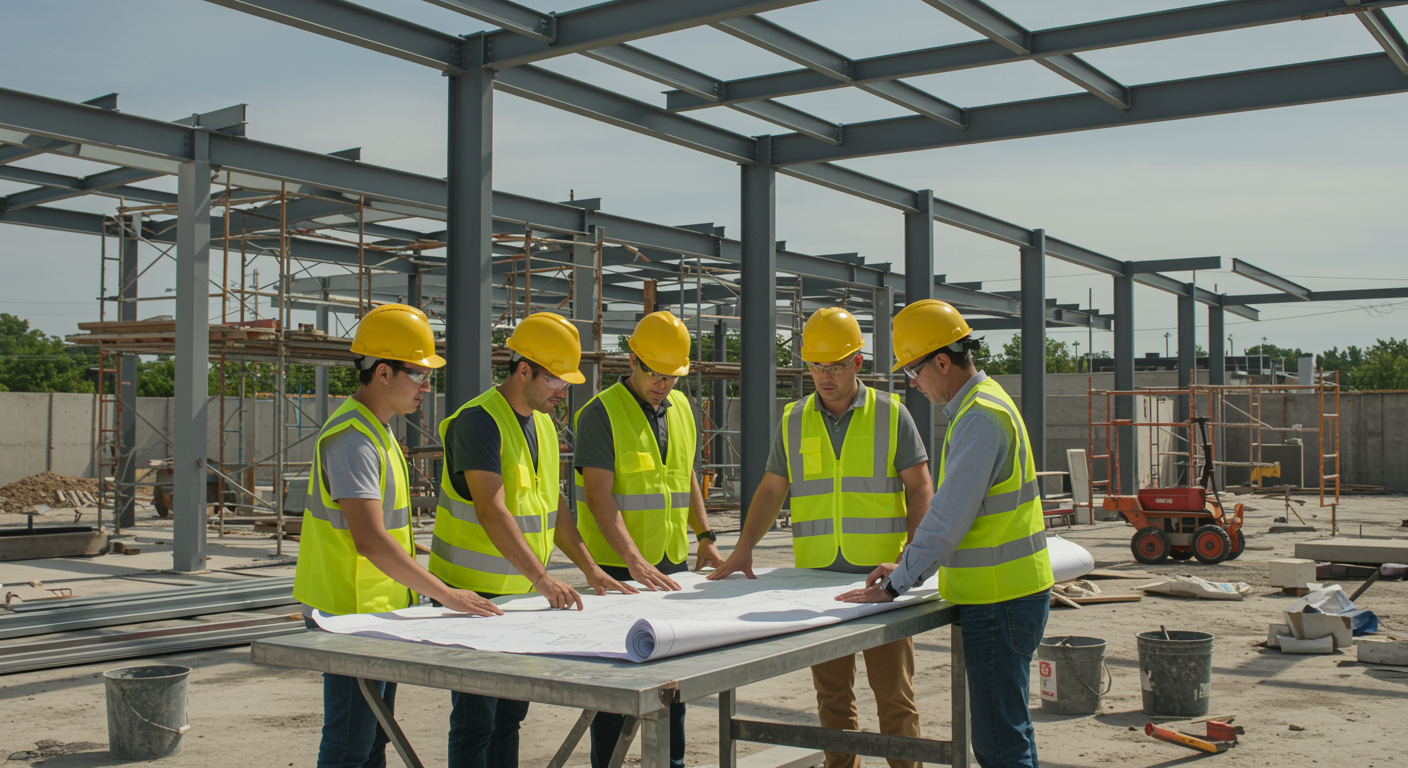 imagen26 1 "Foto ultra-realista de un moderno sitio de construcción con ingenieros y trabajadores en cascos amarillos, planificando en torno a planos, ideal para destacar servicios de construcción y gestión de proyectos."