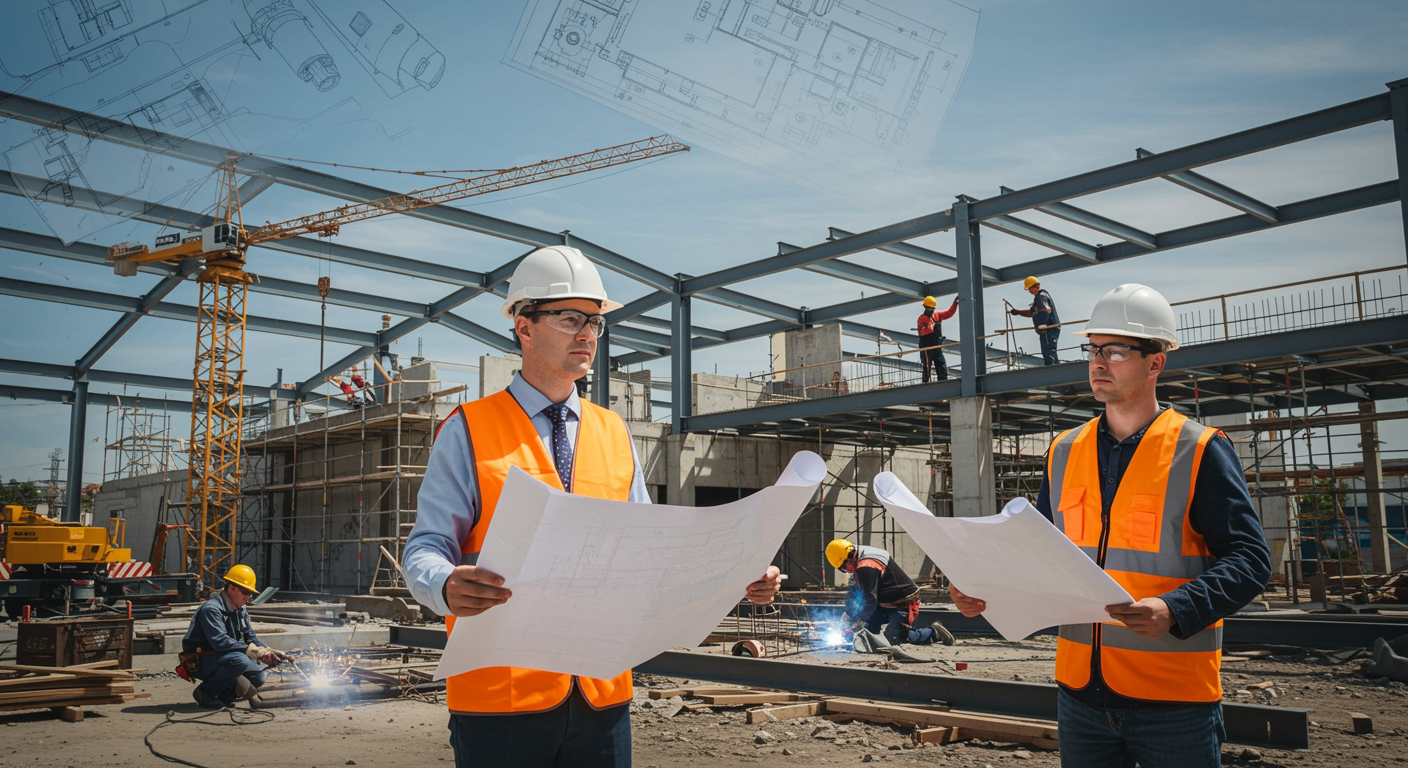 "Imagen de alta resolución de un moderno sitio de construcción industrial con un ingeniero y trabajadores operando maquinaria, destacando la precisión y el trabajo en equipo en la construcción."