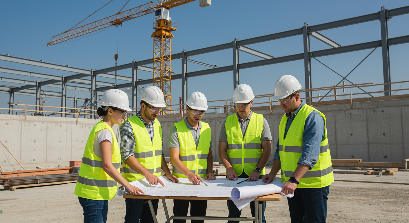 imagen26 3 "Imagen de un moderno sitio de construcción con ingenieros y trabajadores colaborando en un plano, mostrando un entorno de trabajo seguro y avanzado con estructuras de acero y grúas bajo un cielo azul."