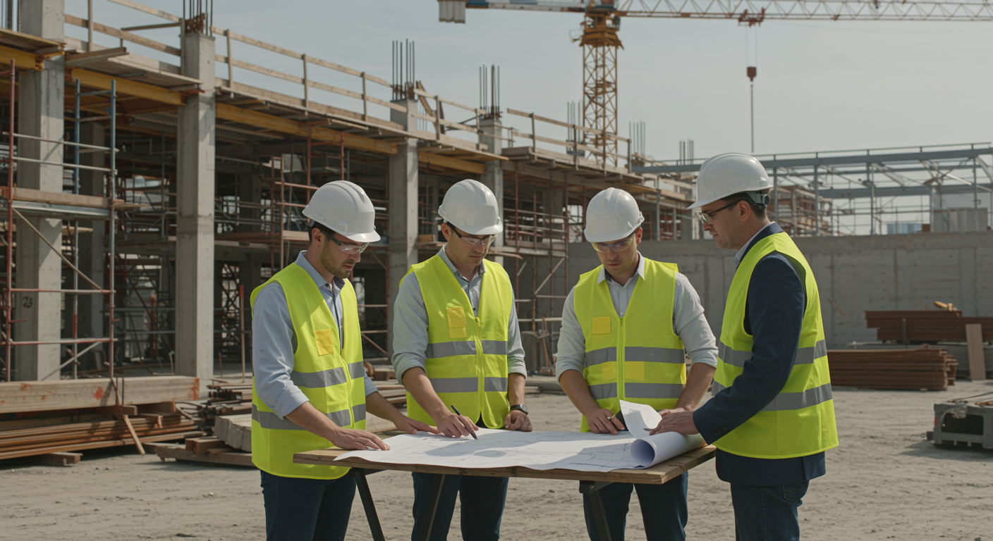 "Equipo de ingenieros civiles y trabajadores de la construcción en un sitio activo, revisando planos arquitectónicos bajo el sol, con estructuras metálicas y una grúa torre de fondo, reflejando profesionalismo y experiencia en servicios de construcción."