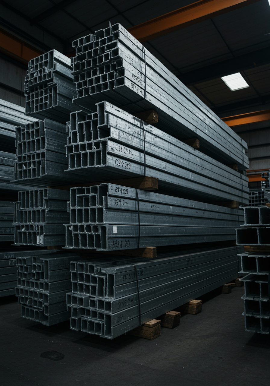 "Fotografía de alta calidad de vigas y canales de acero galvanizado apilados en un almacén iluminado, destacando su organización en pallets y marcas de identificación."